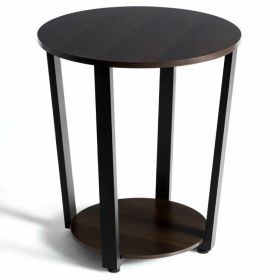 2-Tier Round End Table with Storage Shelf and Metal Frame (Color: WALNUT)