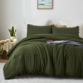 Boho Bedding set with Pom Poms Fringe Design, 1 Comforter and 2 Pillow shams (Color: Olive Green, size: Queen)