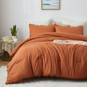 Boho Bedding set with Pom Poms Fringe Design, 1 Comforter and 2 Pillow shams (Color: Burnt Orange, size: King)