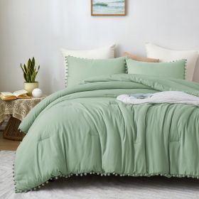 Boho Bedding set with Pom Poms Fringe Design, 1 Comforter and 2 Pillow shams (Color: Sage Green, size: Queen)