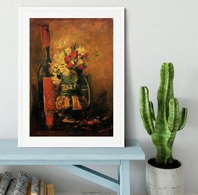 Vase with Carnations, Roses and a Bottle by Van Gogh Framed Print (Color: White, size: 12" x 8" / 30cm x 20cm (approx))