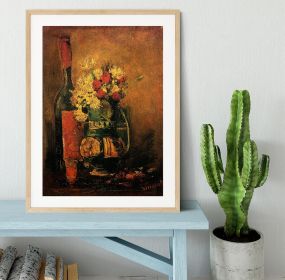 Vase with Carnations, Roses and a Bottle by Van Gogh Framed Print (Color: Natural, size: 24" x 16" / 60cm x 40cm (approx))