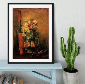 Vase with Carnations, Roses and a Bottle by Van Gogh Framed Print (Color: Black, size: 36" x 24" / 90cm x 60cm (approx))