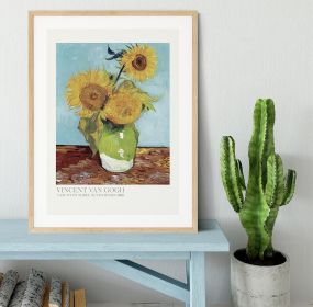 Vase With Three Sunflowers Titled Framed Print (Color: Natural, size: 18" x 12" / 48cm x 30cm approx)