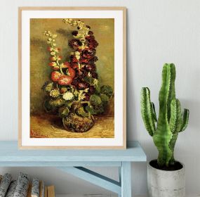 Vase with Hollyhocks by Van Gogh Framed Print (Color: Natural, size: 48" x 32" / 120cm x 80cm (approx))