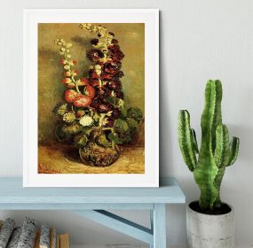 Vase with Hollyhocks by Van Gogh Framed Print (Color: White, size: 24" x 16" / 60cm x 40cm (approx))