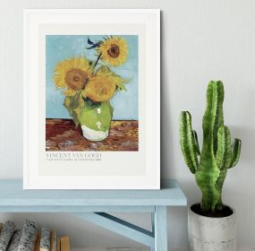 Vase With Three Sunflowers Titled Framed Print (Color: White, size: 12" x 8" / 30cm x 20cm approx)