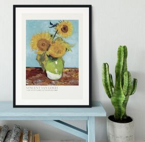 Vase With Three Sunflowers Titled Framed Print (Color: Black, size: 48" x 32" / 120cm x 80cm approx)