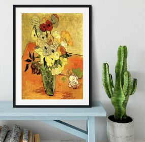 Still Life Japanese Vase with Roses and Anemones by Van Gogh Framed Print (Color: Black, size: 24" x 16" / 60cm x 40cm (approx))