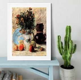 Vase with Flowers Coffeepot and Fruit by Van Gogh Framed Print (Color: White, size: 36" x 24" / 90cm x 60cm (approx))