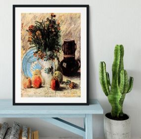 Vase with Flowers Coffeepot and Fruit by Van Gogh Framed Print (Color: Black, size: 24" x 16" / 60cm x 40cm (approx))