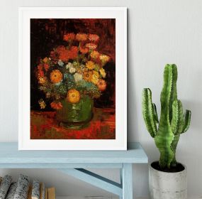 Vase with Zinnias by Van Gogh Framed Print (Color: White, size: 48" x 32" / 120cm x 80cm (approx))