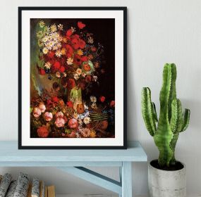 Poppies Cornflowers Peonies and Chrysanthemums by Van Gogh Framed Print (Color: Black, size: 24" x 16" / 60cm x 40cm (approx))