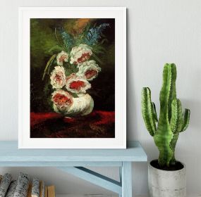 Vase with Peonies by Van Gogh Framed Print (Color: White, size: 36" x 24" / 90cm x 60cm (approx))