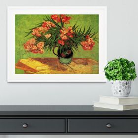 Still Life Vase with Oleanders and Books by Van Gogh Framed Print (Color: White, size: 18" x 12" / 48cm x 30cm (approx))