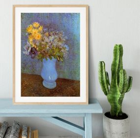 Vase with Lilacs Daisies and Anemones by Van Gogh Framed Print (Color: Natural, size: 24" x 16" / 60cm x 40cm (approx))