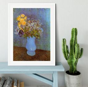 Vase with Lilacs Daisies and Anemones by Van Gogh Framed Print (Color: White, size: 24" x 16" / 60cm x 40cm (approx))