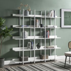 5 Tier Vintage Industrial Style Bookcase with Metal Frame (Color: White)