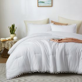 Boho Bedding set with Pom Poms Fringe Design, 1 Comforter and 2 Pillow shams (Color: White, size: Queen)