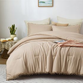 Boho Bedding set with Pom Poms Fringe Design, 1 Comforter and 2 Pillow shams (Color: Beige, size: Full)