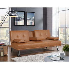 LuxuryGoods Modern Faux Leather Futon with Cupholders and Pillows (Color: Brown)