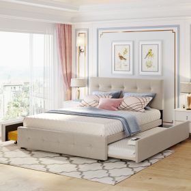 Upholstered Platform Bed with 2 Drawers and 1 Twin XL Trundle (Color: Beige)