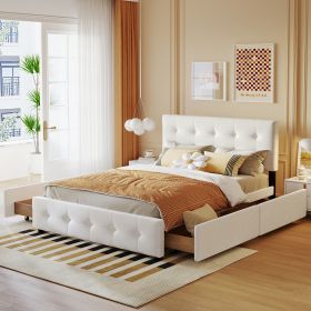 Upholstered Platform Bed with Classic Headboard and 4 Drawers (Color: White)