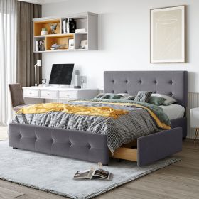 Upholstered Platform Bed with Classic Headboard and 4 Drawers (Color: Dark Gray)