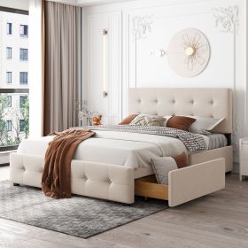 Upholstered Platform Bed with Classic Headboard and 4 Drawers (Color: Beige)