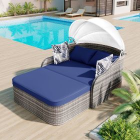 79.9" Outdoor Sunbed with Adjustable Canopy (Color: Blue+Grey)