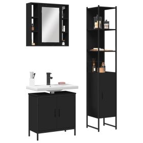 3 Piece Bathroom Cabinet Set in Black Engineered Wood (Color: Black)