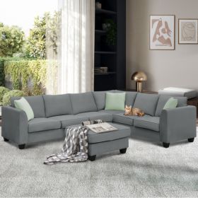 7 Seat Sectional Sofa with Ottoman and 3 Pillows (Color: Gray)