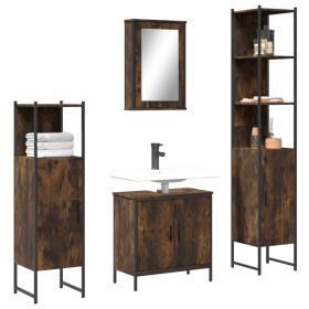 4 Piece Bathroom Furniture Set in Smoked Oak Engineered Wood (Color: Brown)