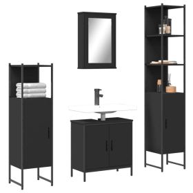 4 Piece Bathroom Furniture Set Black Engineered Wood (Color: Black)